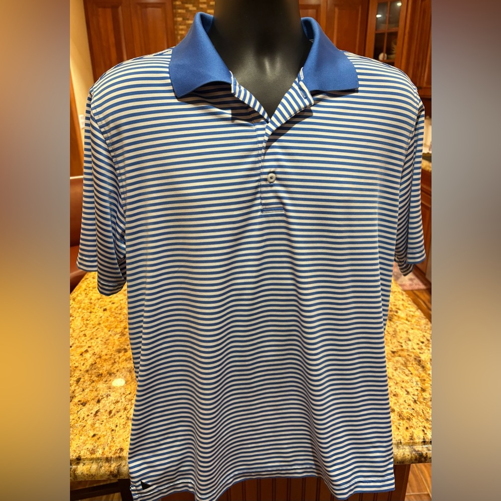 Untuckit men’s polo. Sharp blue striped with‎ logo. EUC.